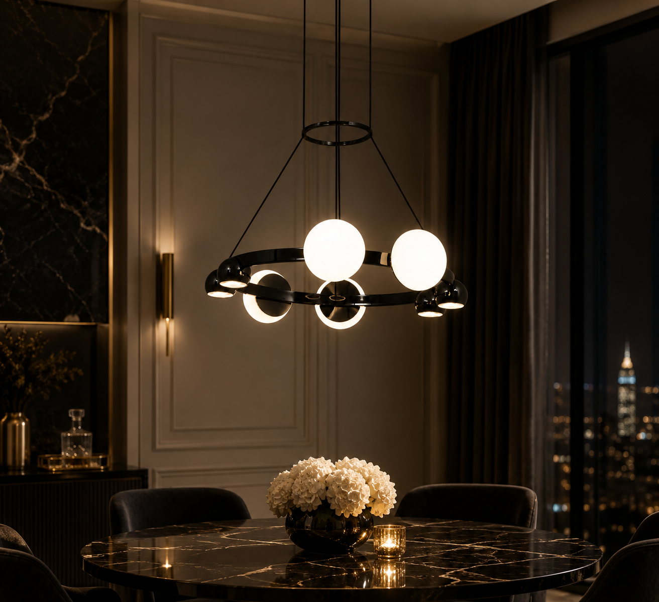Chandelier White Ball Round - Black