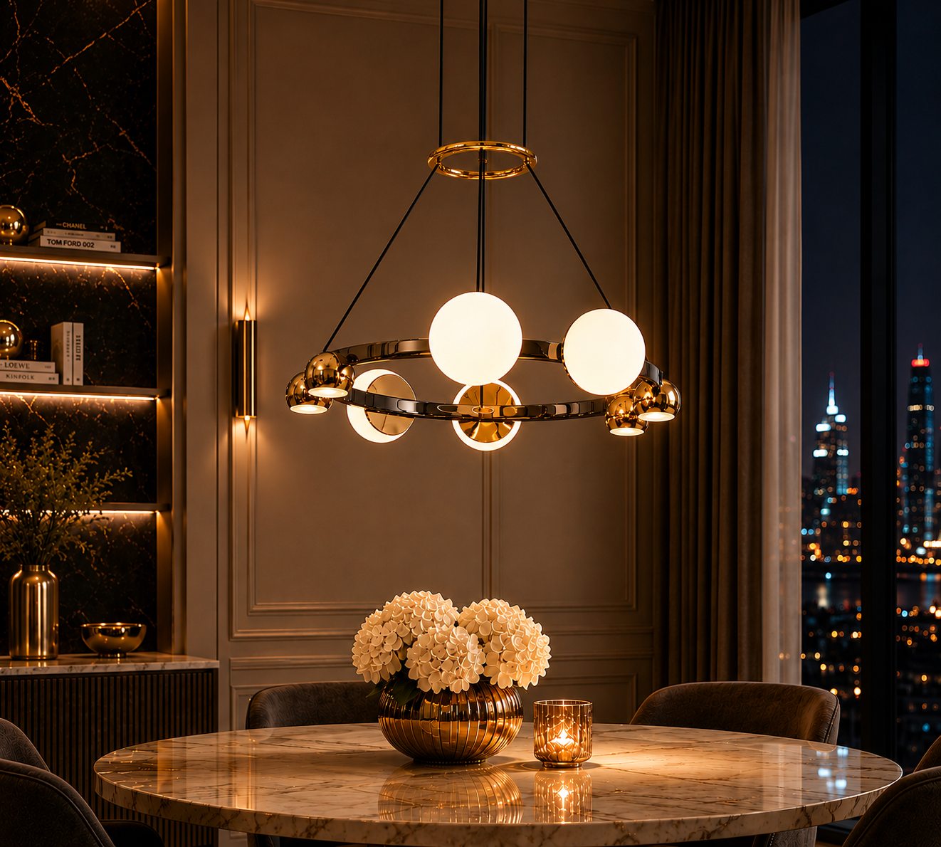 Chandelier White Ball Round - Gold