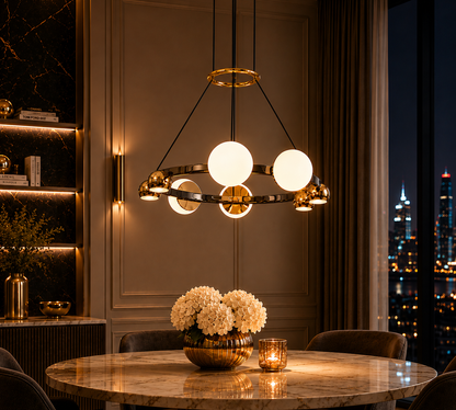 Chandelier White Ball Round - Gold